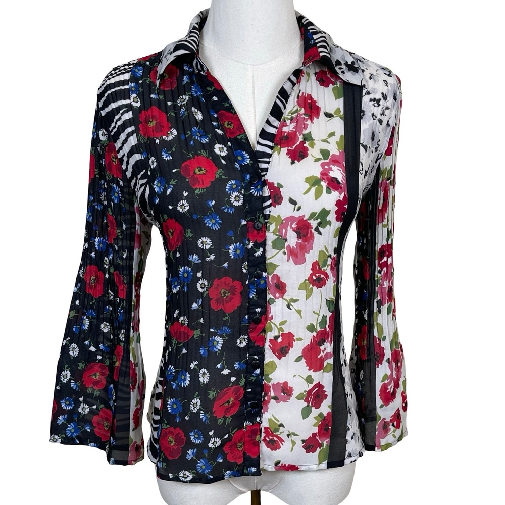 Vintage Sunny Leigh Patchwork Print Blouse‎ Women S Floral Zebra Pleated Y2K